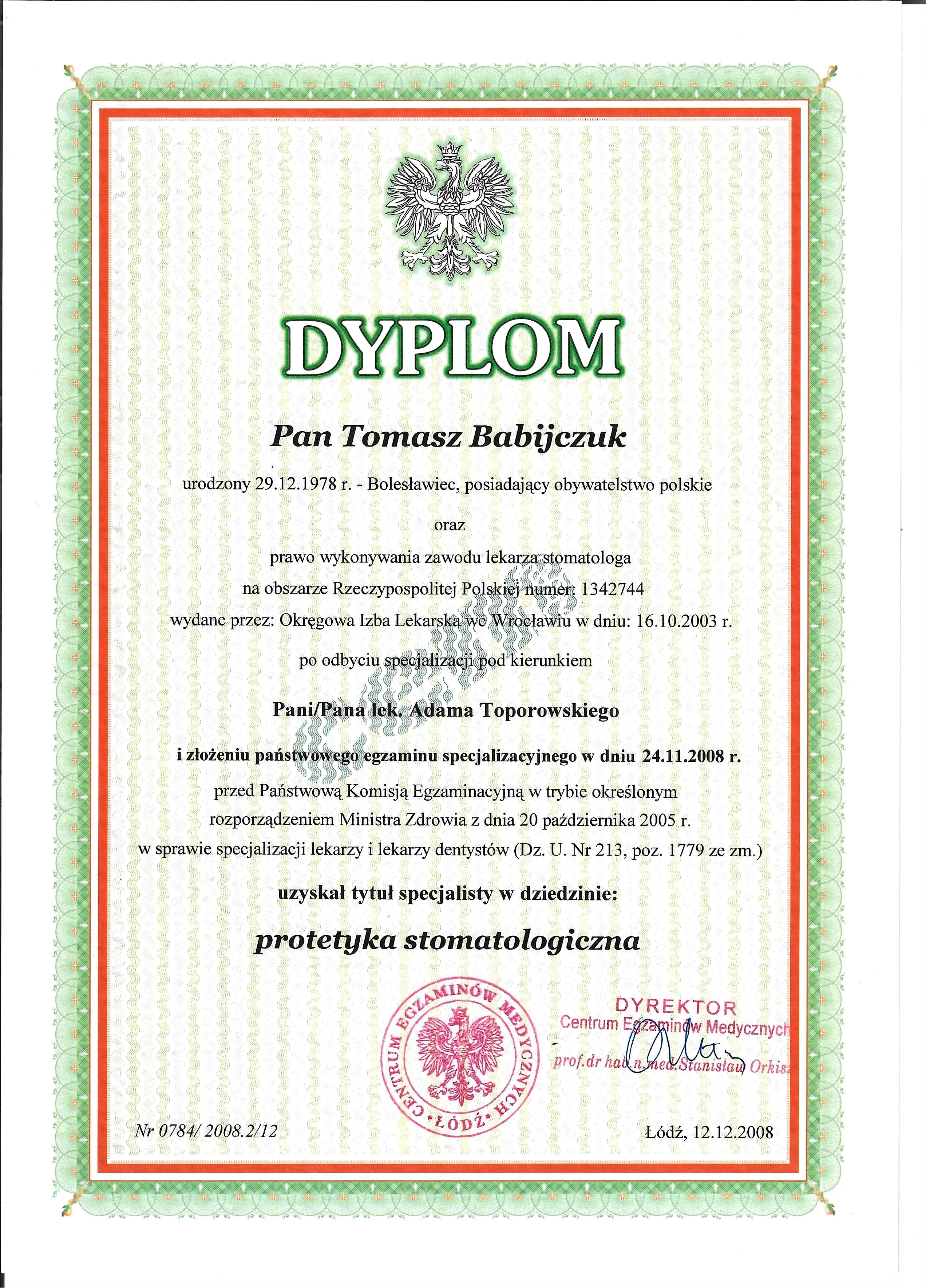 Dyplom Specjalizacji Protetyka - Tomasz Babijczuk